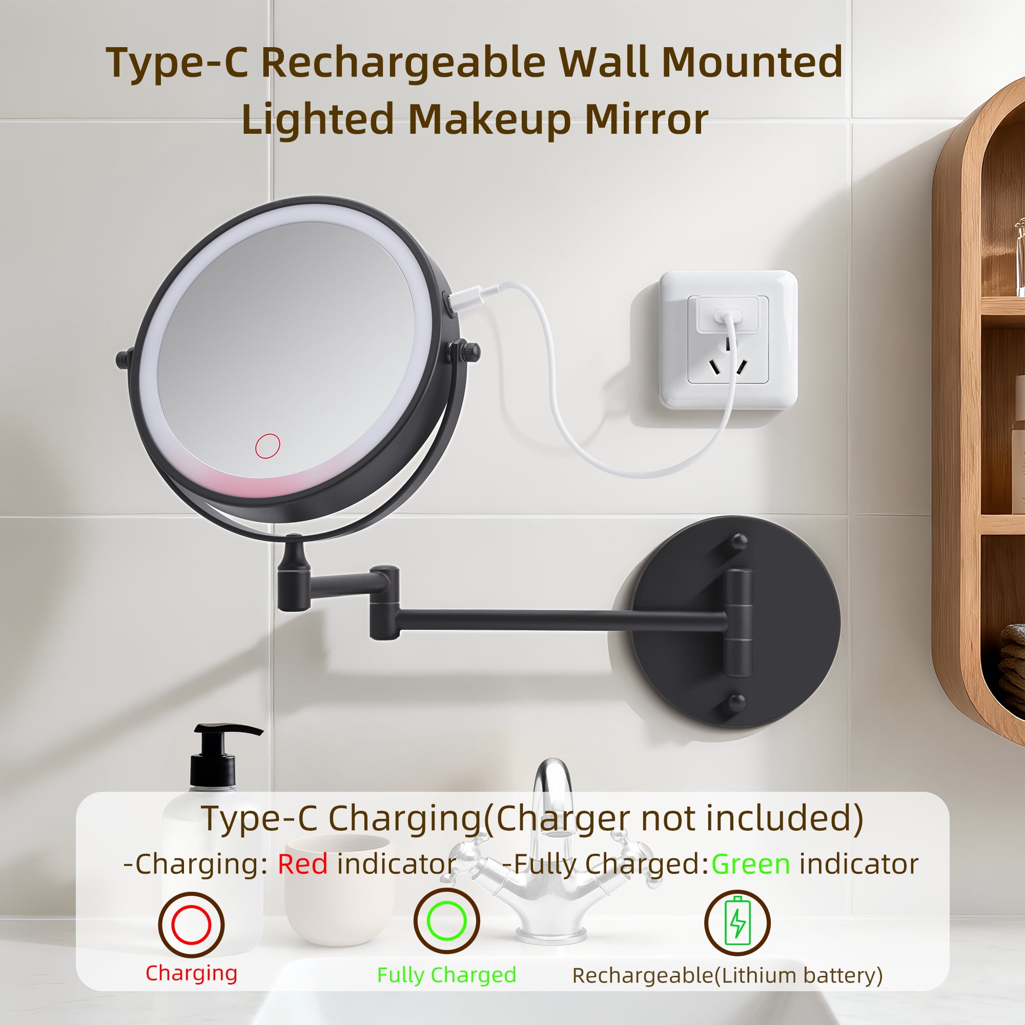 Rechargeable Wall Mounted Makeup Mirror with Lights and 10X Magnification, 360-Degree Swivel Bathroom Vanity Mirror, Black