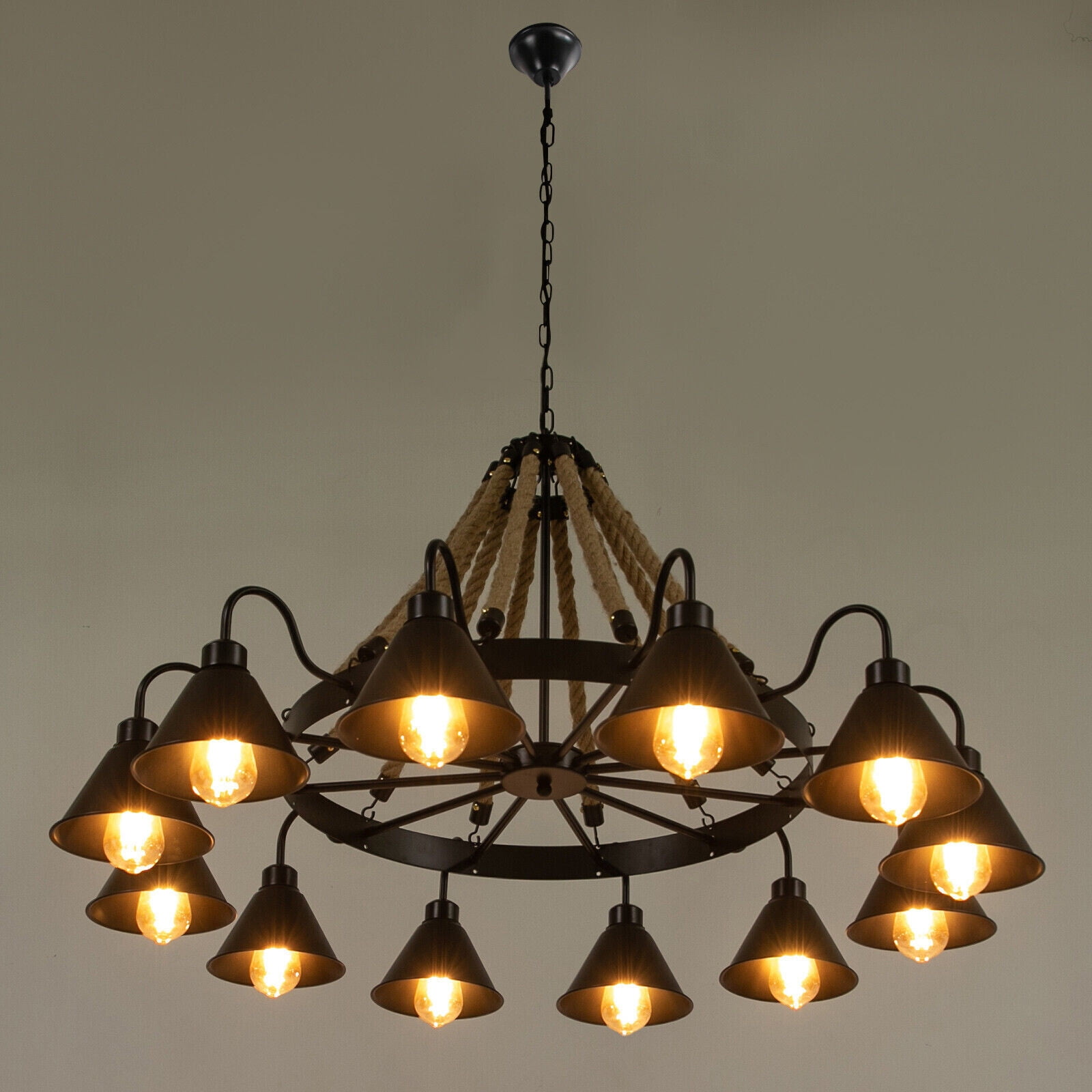 Hemp Rope Chandelier Ceiling Light Rustic Wheel Large Pendant Light Fixture Black for Living Room, Bedroom