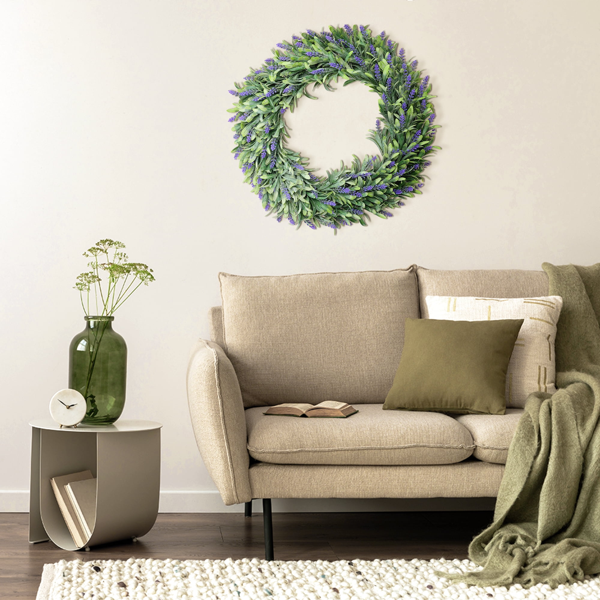 Unique Bargains Lavender Wreath for Front Door Plastic Green Leaves Artificial Wreaths