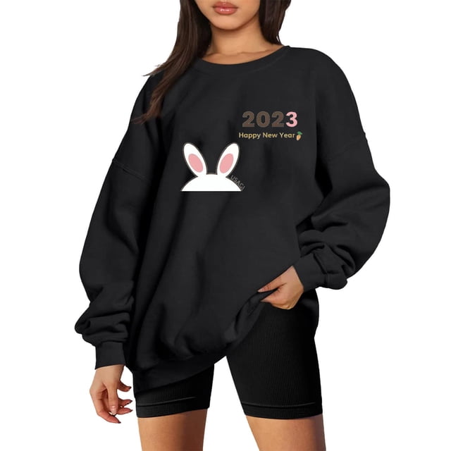 Amzcrzy Chandails en Molleton pour Femmes Manches Longues Chemises pour Femmes Chandail Décontracté Classique Mode Nouvel An Col Rond Manches Longues Sans Capuche Chandail Ample Chandails en Molleton pour Femmes m