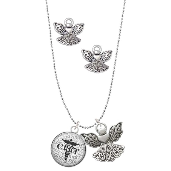 Delight Jewelry Silvertone Domed Black CPhT Silver tone Guardian Angel Charm Necklace and Stud Earrings