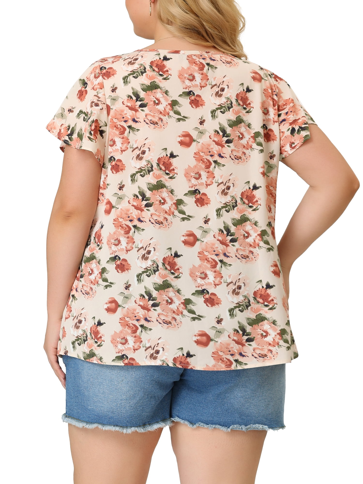 Unique Bargains Women's Plus Size Chiffon Tie-Neck Tassel Flare Sleeve Floral Tops 2X Apricot