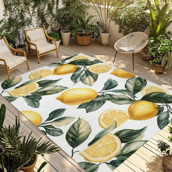 Fsddascl Lemon Outdoor Rug for Patio/Deck/Porch, Non-Slip Large Area Rug 5 x 8 Ft, Summer Yellow Fruit Country Spring Leaf Plant Indoor Outdoor Rugs Washable Area Rugs, Reversible Camping Rug Carpet