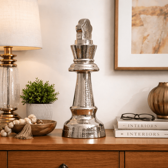 Expobazaar Sculpture | Decorative Hammered Nickel Finish Chess King Elegant Table Accent | 5.5x5.5x14"