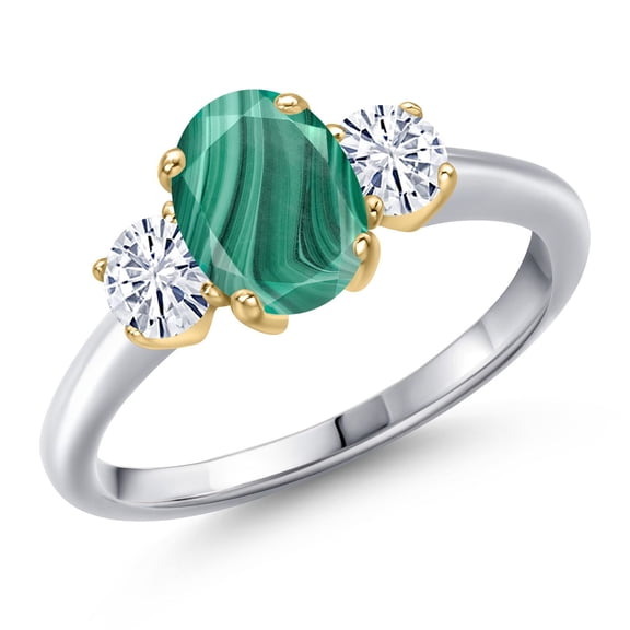 Gem Stone King 10K Two Tone Gold Green Malachite and White Moissanite Engagement Ring for Women | 2.46 Cttw | Oval 8X6MM | Gemstone Birthstone | Size 9