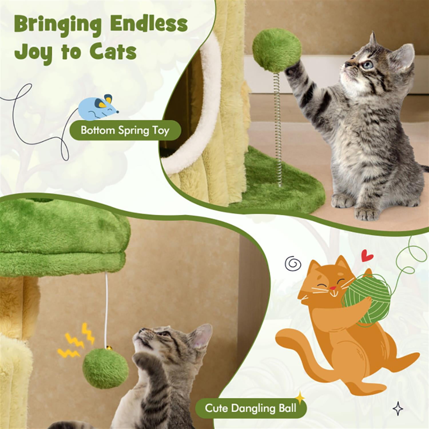Kadyn 21" Cat Tree with Toy, Cat Tower Condo for Indoor Cats with Condos, Cozy Top Perch and Sisal Scratching Posts, Green