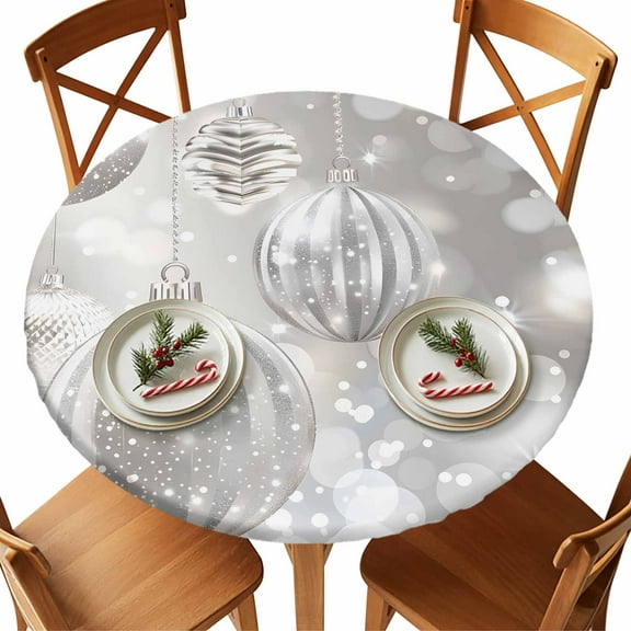 Christmas Round Tablecloth Silver Xmas Ball Tablecloths with Elastic Edge Fitted Snowflakes Table Cover,Waterproof Oil Proof for Dinner,Outdoor, Picnic, Party 55"- 60" DIA Tables