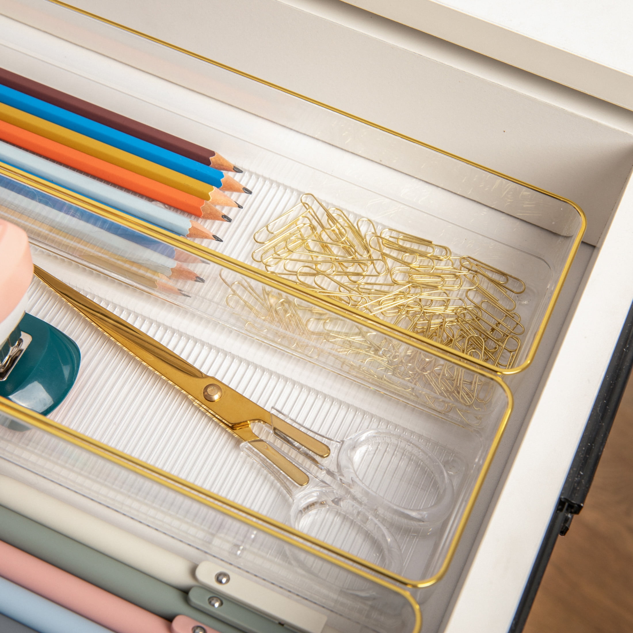 Martha Stewart Kerry 8 Pack Plastic Stackable Office Desk Drawer Organizers with Gold Trim, 9" x 3"