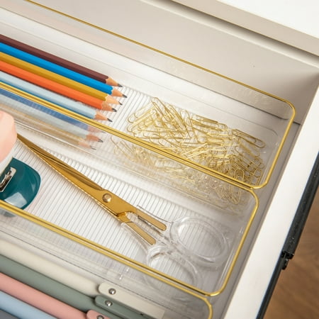 Martha Stewart - Kerry Set of 8 Plastic Stacking Desk Drawer Organizers with Gold Trim - 9 x 3 - Clear/Gold Trim