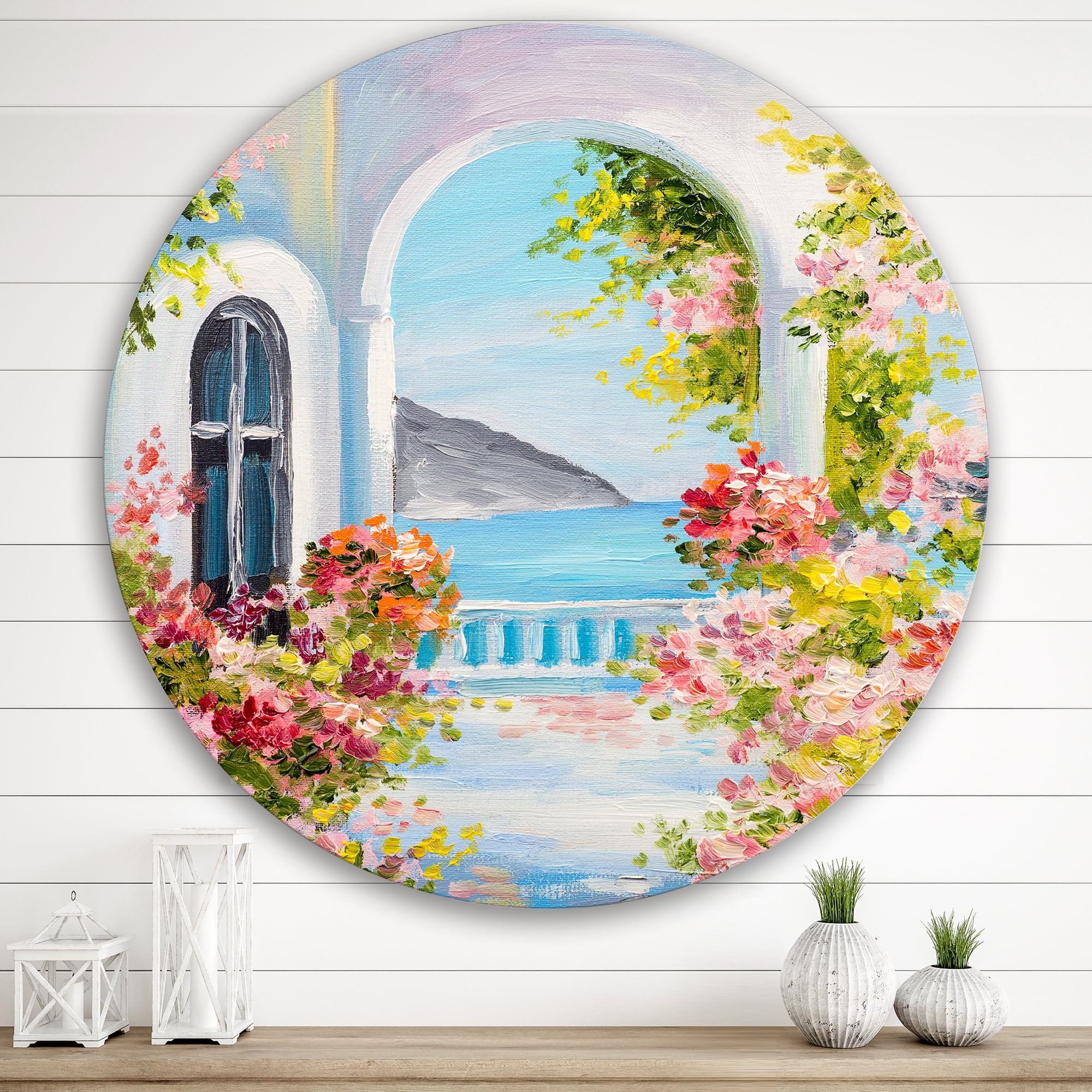 Designart 'Pink Flowers With Traditional Greek House' Nautical & Coastal Circle Metal Wall Art 36x36 - Disc of 36
