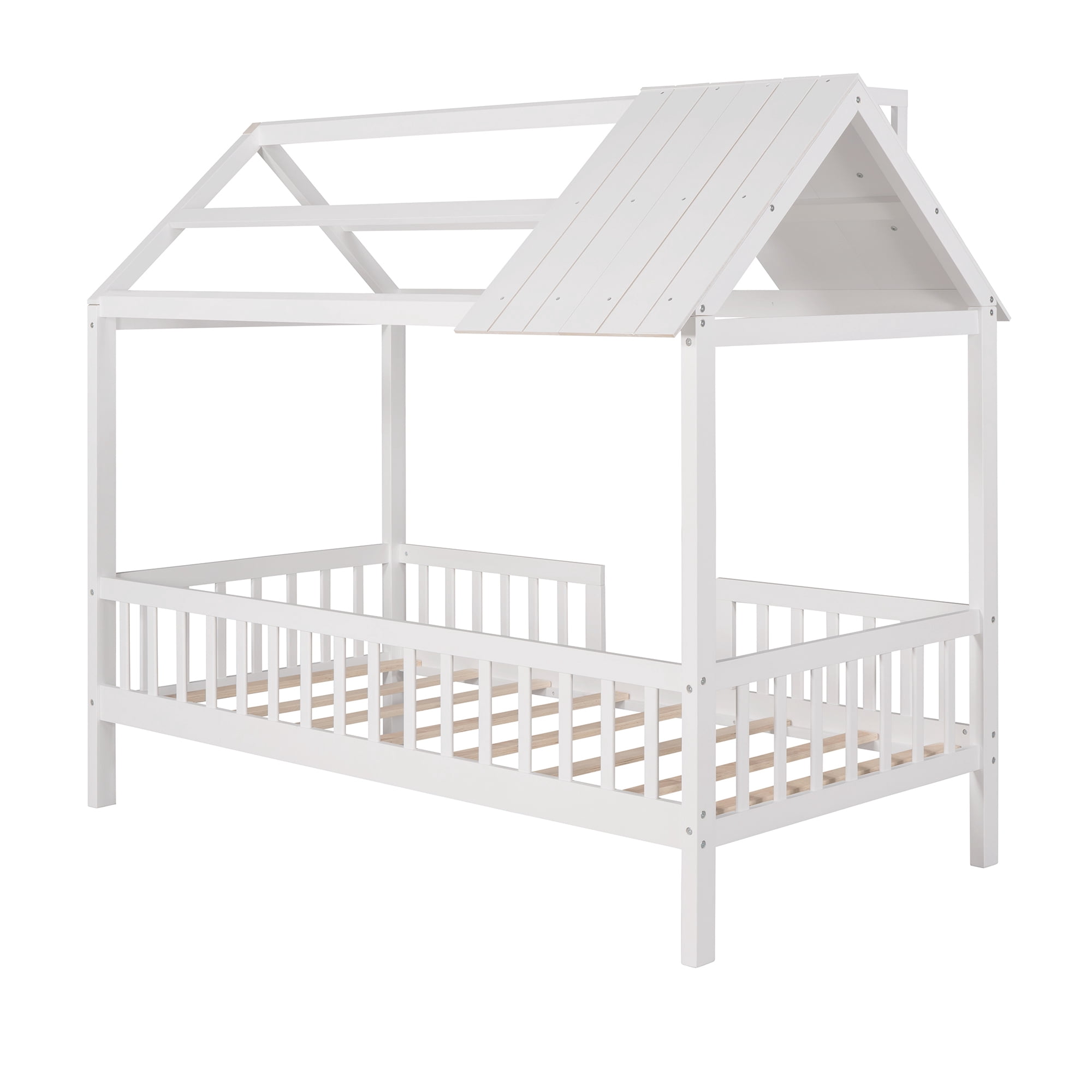 Euroco Twin Size Platform Bed, House Bed with Fence for Kids, White