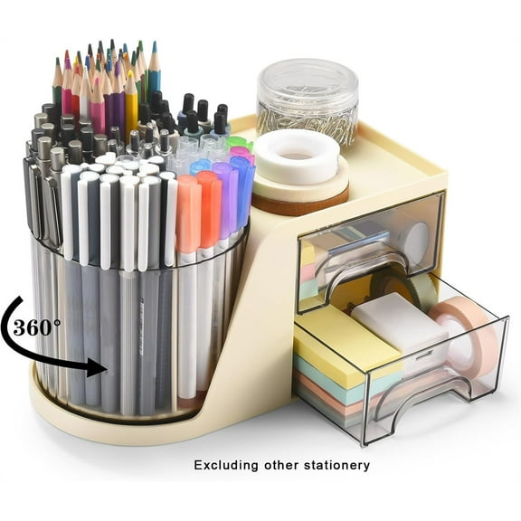 Tutuviw Desk Organizer with 2 Drawer Multi-Functional 6 Slots 360 Degree Rotating Desk Organizer Stationery Accessories Storage Box for Office Home Art Supplies(Yellow)