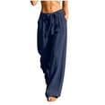 thumbnail image 2 of Linen Cotton Casual Pants For Women Chic Minimal Summer Drawstring Waist Elastic Waist With Pockets Solid All Day Ease Straight Leg Travel Outfit Navy XL, 2 of 6