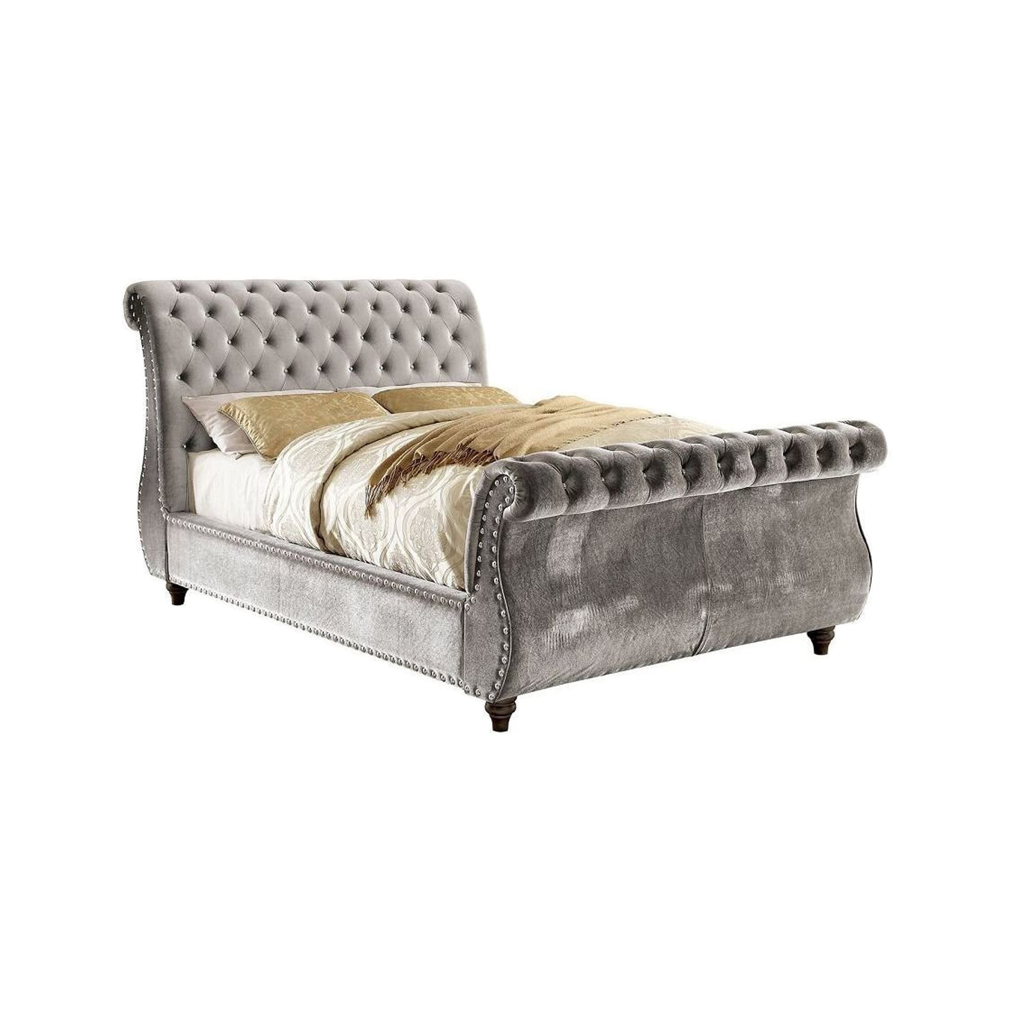 Button Tufted Fabric Upholstered Queen Bed with Nailhead Trim, Gray
