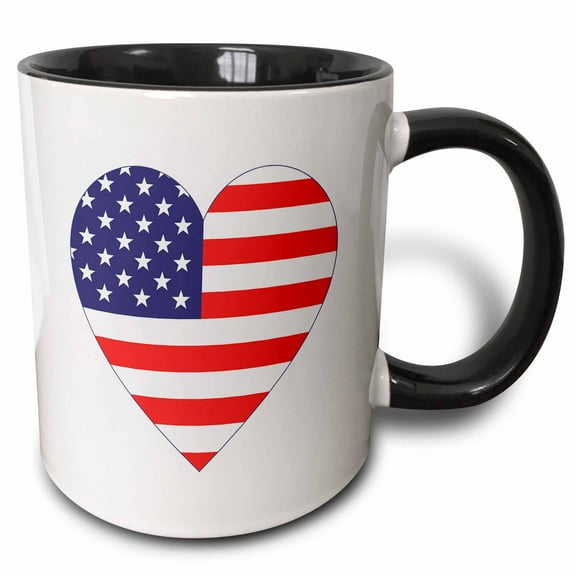 3drose, Heart Shape Decorated with the American Flag. Patriotic 4th of July, 15oz Two-tone Black Mug