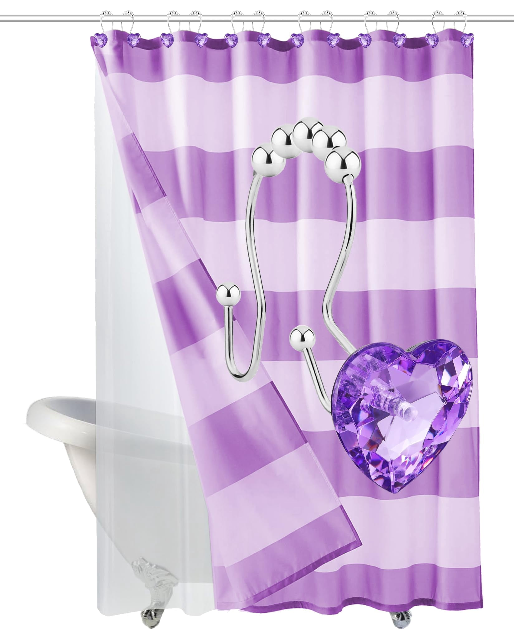 Bathroom curtain hook rings, 12-pack, heart-shaped stainless steel rust-proof decorative rhinestone shower curtain rings (single hook, transparent).