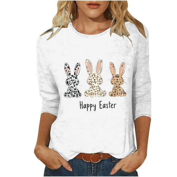 Women's Easter T Shirts 3/4 Sleeve Crew Neck Spring Cute Bunny Printed Graphic Tees Festive Casual Tops