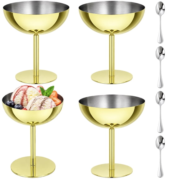 4 Pcs Stainless Steel Ice Cream Bowls, 5.4 oz Gold Dessert Sundae Cups with Spoons, Elegant Footed Ice Cream Cups for Dessert, Pudding, Gelato, Cocktail