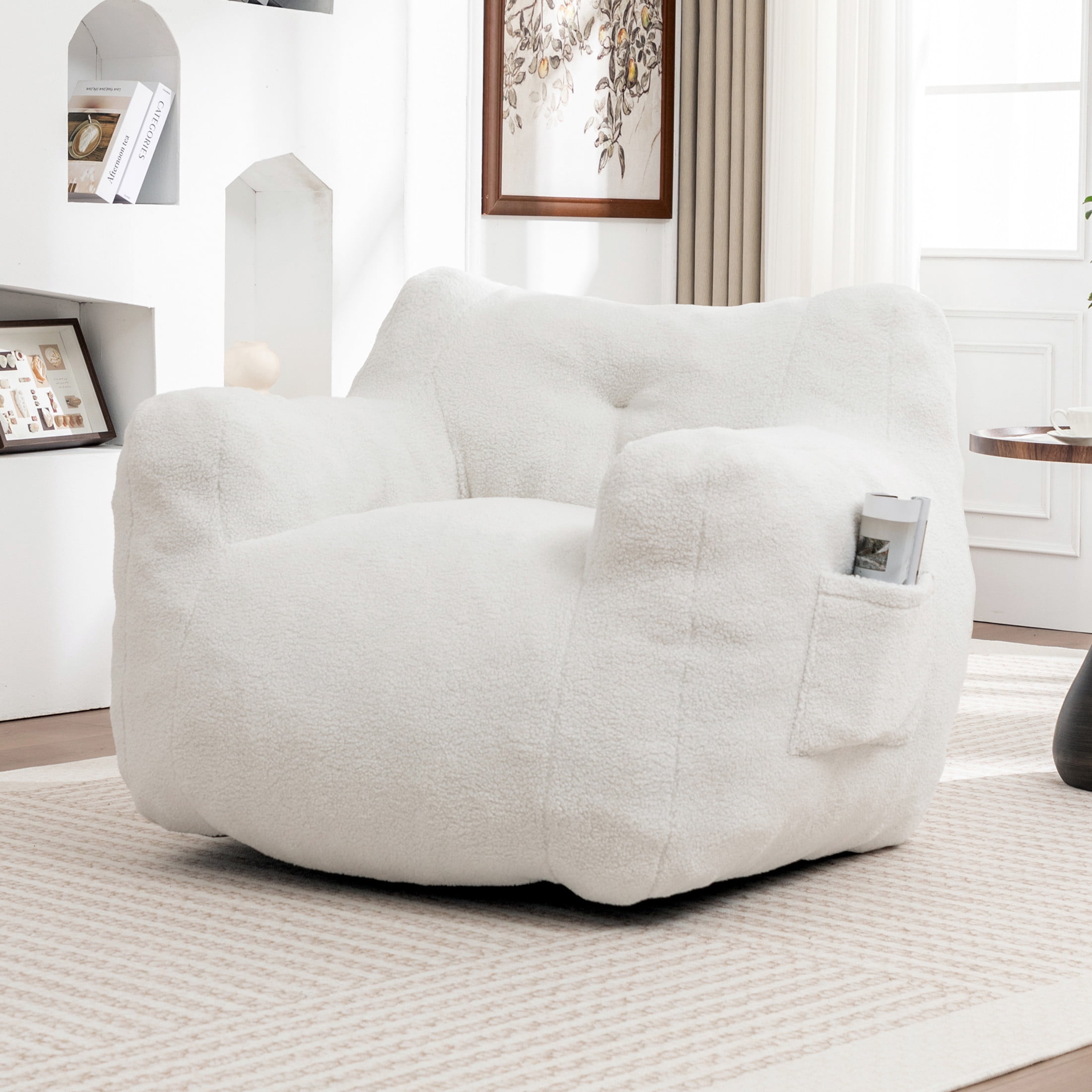 Noble House Nexo Plush Stuffed Memory Foam Bean Bag Sofa, Large Comfy Lounger with Armrest for Living Room, White