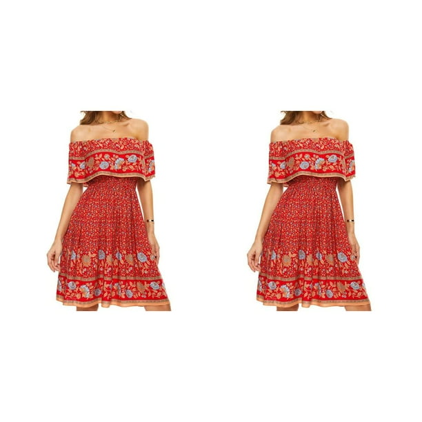 Vestido corto bohemio Minnieouse floral con hombros descubiertos de algodón Rojo L 2piezas