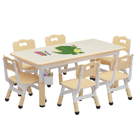 2025 New Height Adjustable Kids Table and 6 Chairs Set - Graffiti Desktop, Easy-to-Clean Arts & Crafts Table with Non-Slip Legs, Detachable Storage Box for Daycare, Classroom, and Home