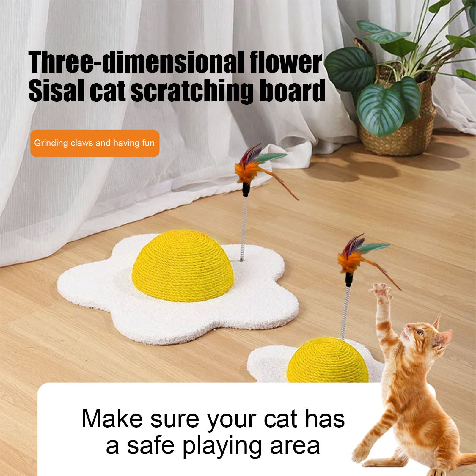 YIFAEUX Cat Scratch Pad Flower Shape Sisal Rope Cat Scratcher Interactive Floor Cat Scratching Board with Spring Plush Bee for Furniture Protector