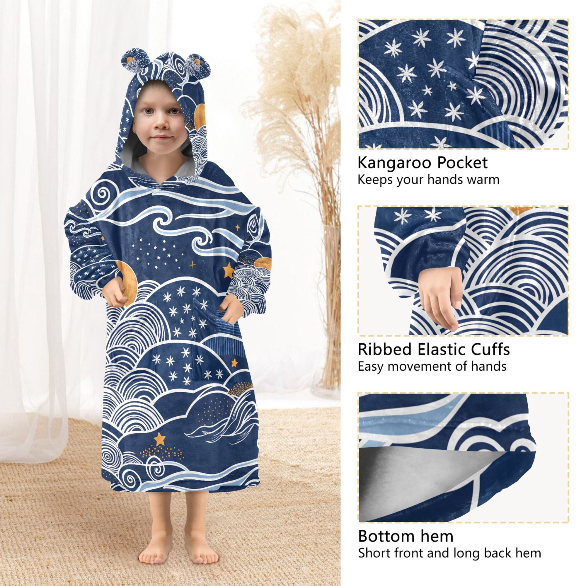 FORMRS Wearable Blanket Hoodie with Sleeves for Kids Cozy Flannel Sweatshirt, Blue Night Sky