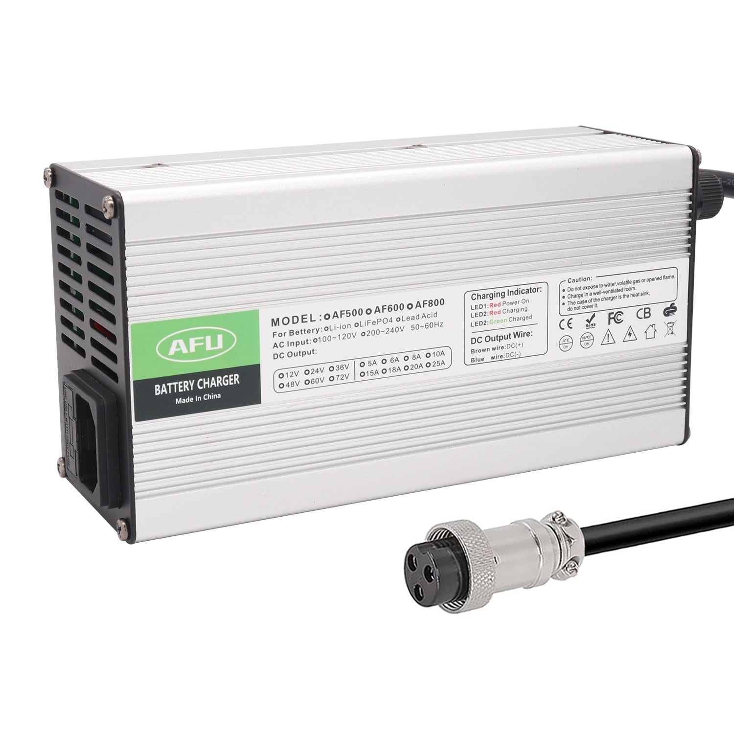 84V 6A Li-ion Battery Charger Silver Aluminum Case Safe and Durable Used for 20S 72V Lithium Battery Smart Charger DC Output GX16 1+3- Ping Connector