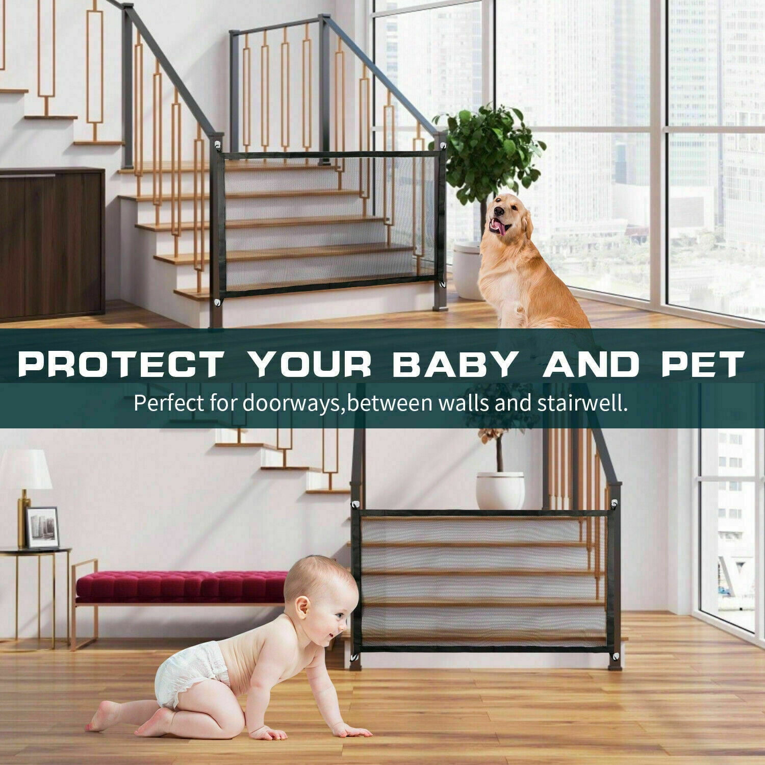 Pet Safety Gate, Adjustable Mesh Barrier for Stairs and Doorways, Portable Magic Fence with Pressure Mount, Dog Cat Baby Protection Panel, Easy Installation