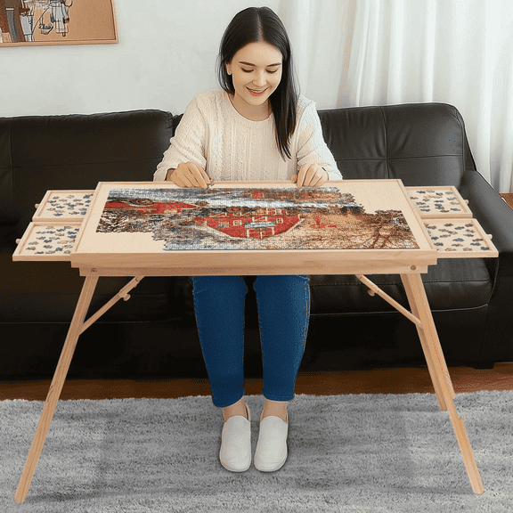 GLEAMIST 27.6"H Wooden Puzzle Table for Adults,1500PCS Jigsaw Puzzle Board with 4 Sorting Drawers and Translucent Cover