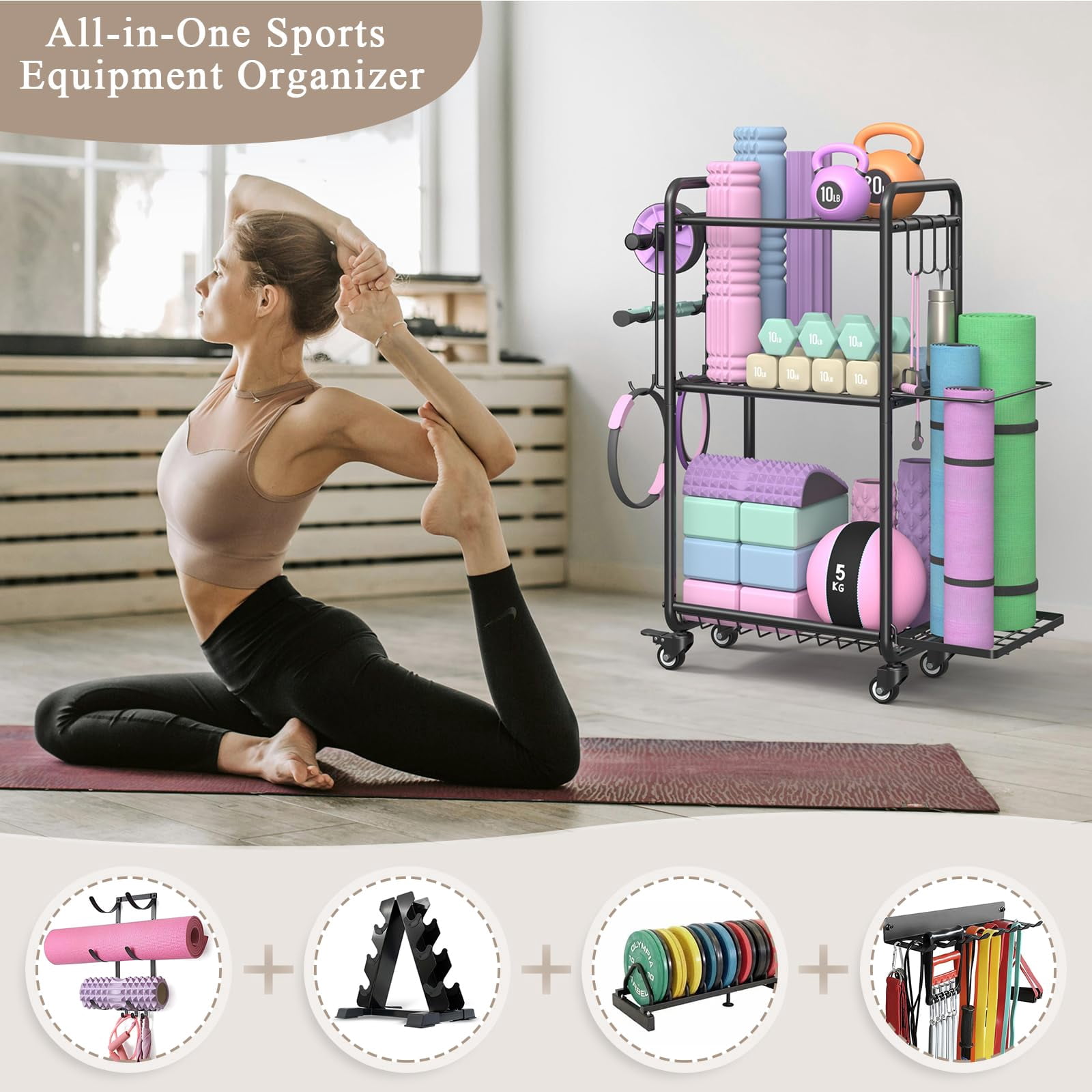 Multi-functional Home Gym Storage Rack - Yoga Mat  Dumbbell Weight & Workout Equipment With Heavy-duty Steel Construction For Fitness Organizer
