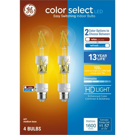 GE Color Select LED Light Bulbs, 100 Watt, A21 Bulbs, Medium Base, 4pk