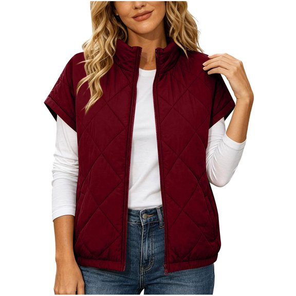 NominalSnug Women Short Sleeve Quilted Vest Stand Collar Zip Up Lightweight Padded Outerwear With Side Pockets