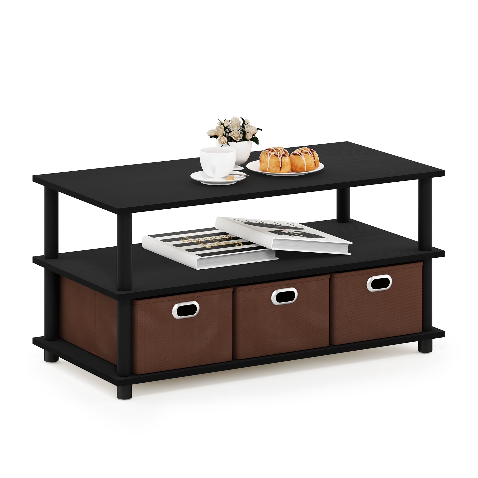 Furinno Contemporary Rectangular Wood Coffee Table with Storage, Black Oak/Brown