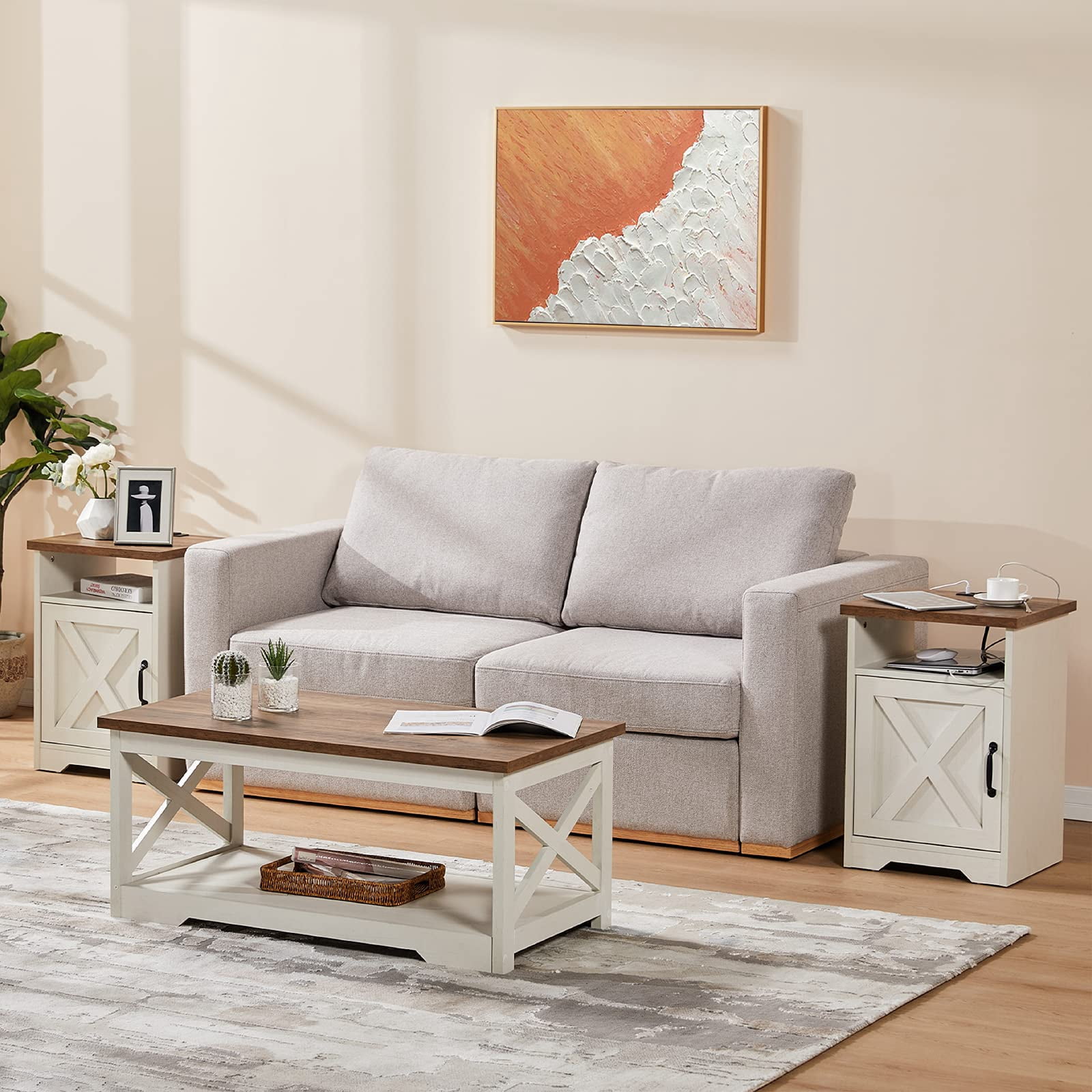 LUXOAK 3-Piece Farmhouse Table Set, Coffee Table & Two End Tables, USB Ports, Distressed White
