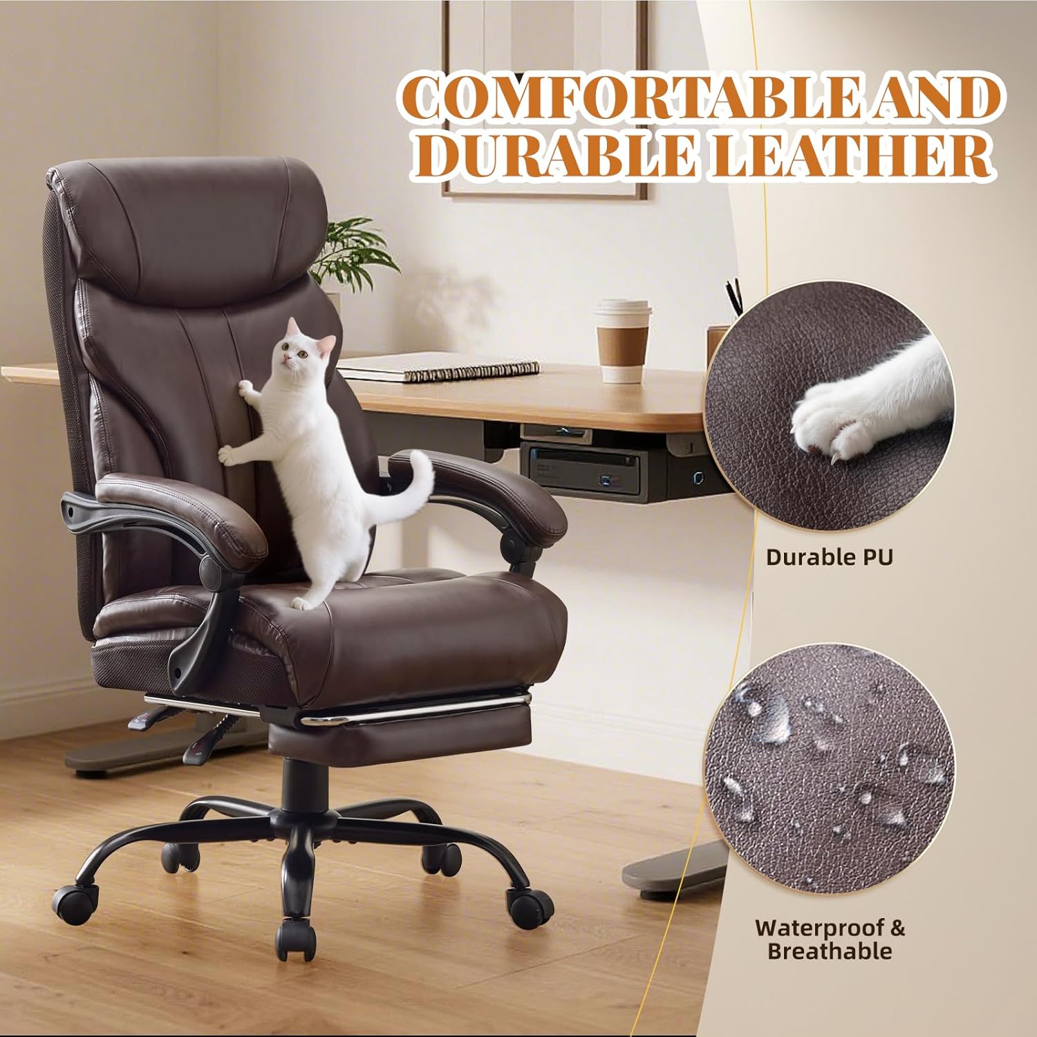 Ergonomic Executive Office Chair with High Back Support, Padded Armrests, Retractable Footrest, Wide Seat, and Heavy-Duty Swivel Base – Comfortable Computer Desk Chair for Home Office