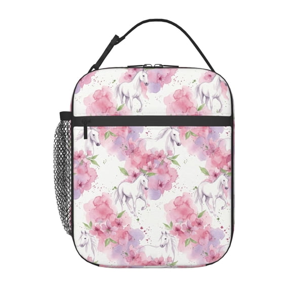 White Horse Lunch Bag Handheld Portable Reusable Cooler Tote Front Pocket Work Office Commute Daily Food Container