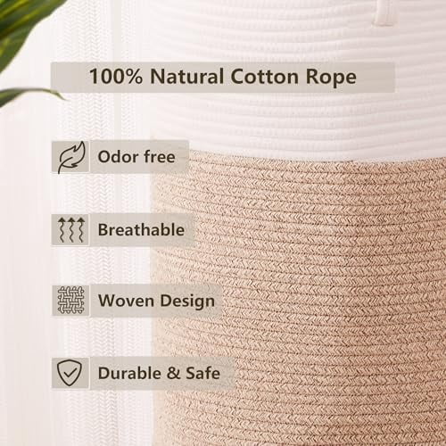 60L Hamper Laundry Basket Tall Woven Clothes Hamper for Baby Girls Nursery Kids Cotton Rope Blanket Basket in Living Room Bathroom Bedroom Brown 15Dx20H inches Large