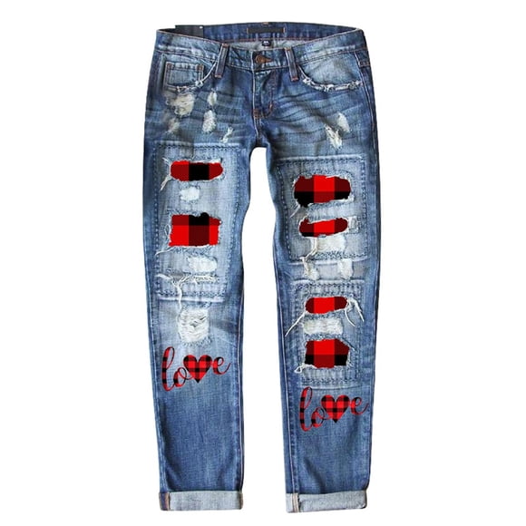 Women'S Trendy Floral Print Jeans With Ripped Knees Stylish And Comfortable Skinny Fit Denim Pants Women'S Jeans Blue M