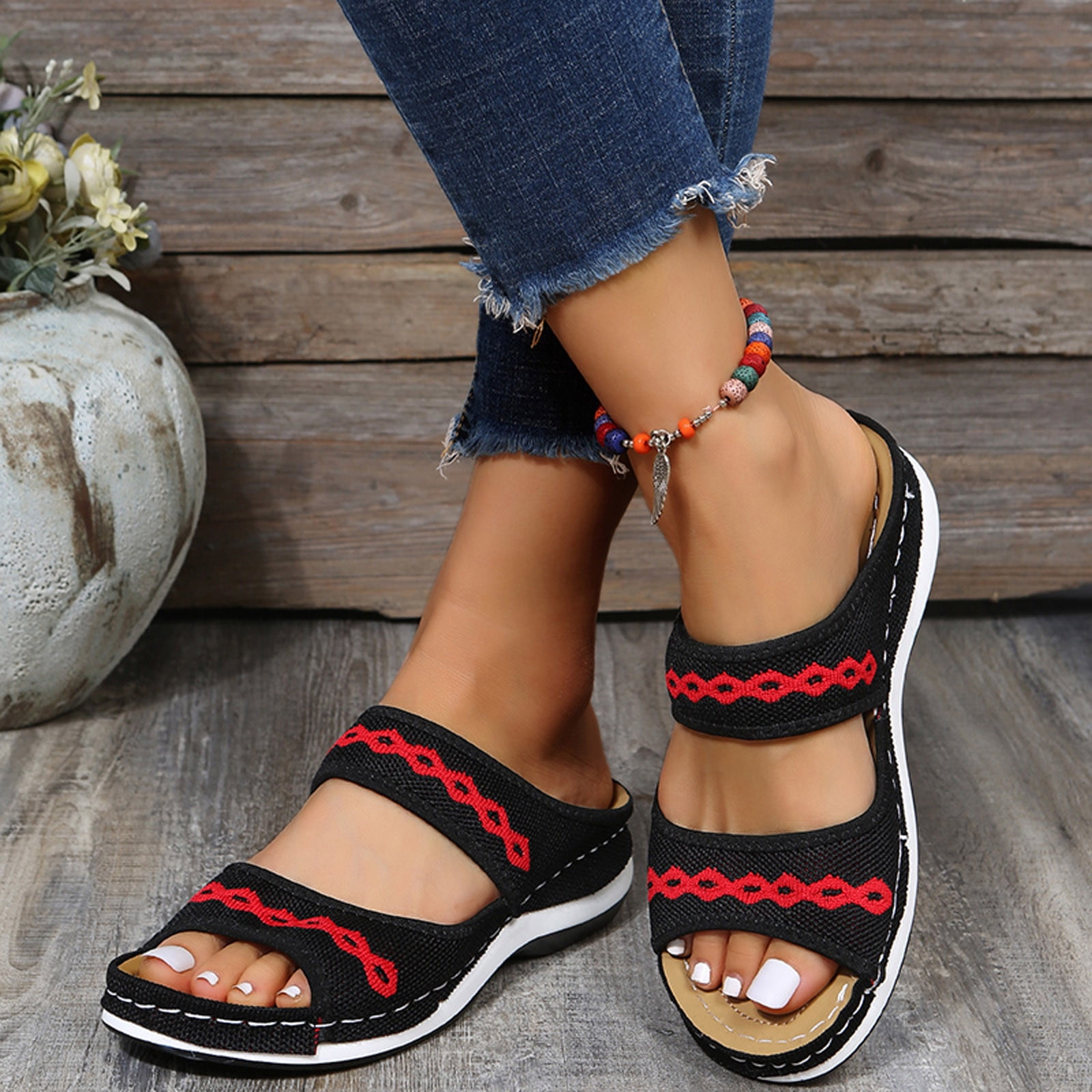 Xzngl Womens Shoes Fashion Hollow Out Knitting Crochet Flower Comfortable Slope Heel Slippers Sandals Black