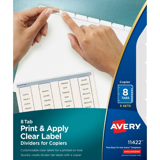 Avery Print & Apply Clear Label Dividers, Index Maker(R) Easy Peel(R) Printable Labels for Copiers, 8 White Tabs, 5 Sets (11422)