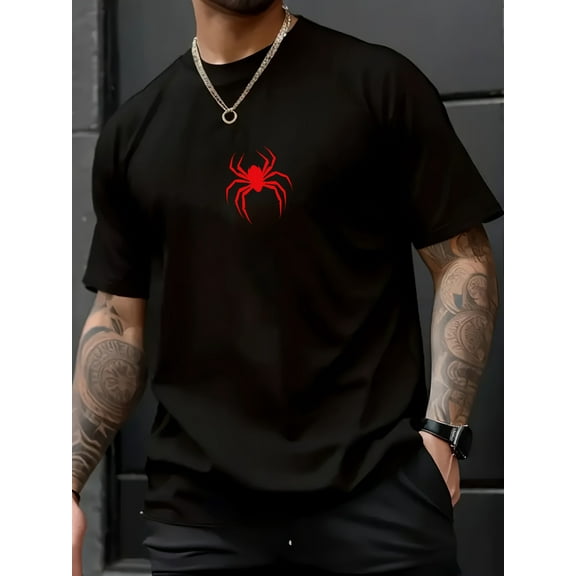 Men'S Cotton T-Shirt with Red Spider Graphic, Casual Crew Neck, Short Sleeve, Slight Stretch, Knit Fabric, 180gsm, for Hiking & Outdoor, Novelty Sports Tops, Spring/Summer/Fall - Black