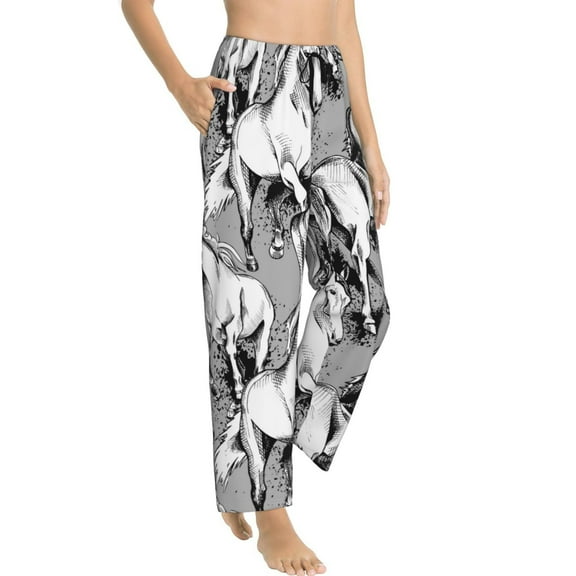 Pajama Pants Women - Sketch Cute Horse Black White Soft Breathable Sleep & Lounge Pants for Women, Comfy Casual Pj Pants Bottoms with Pockets