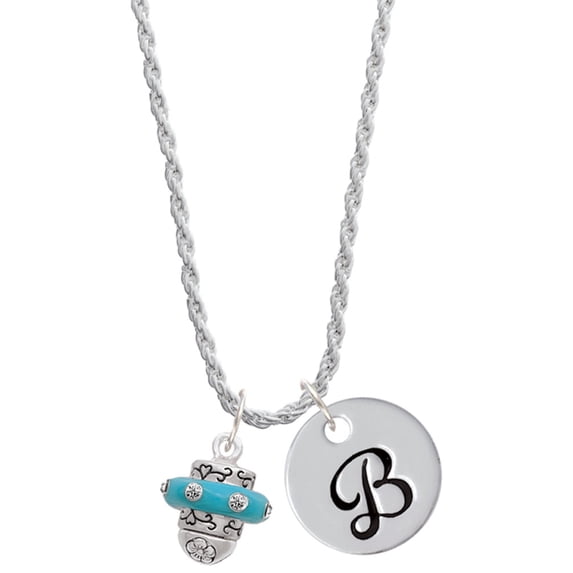 Delight Jewelry Silvertone Crystal Teal Spinner Silvertone Script Initial Disc - B - Charm Necklace, 20"+3"