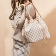 White Checkered Tote Shoulder Bags With Inner Pouch,PU Vegan Leather