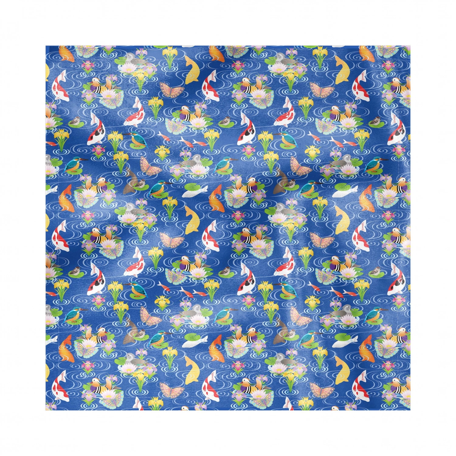 Japanese Napkins Set of 4, Traditional Pattern with Koi Pond Birds Various Flowers Butterflies