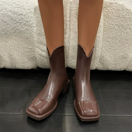 

ZMHEGW Women Boots Ladies Solid Color Leather Splicing British Style Back Zipper Thick High Heel Short Boots Shoes