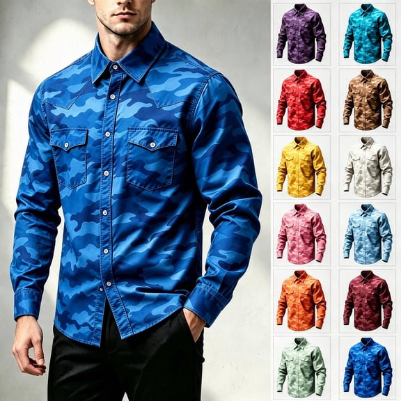 Kalauyu Mens Long Sleeve Camo Print Shirts Turn Down Collar Loose Casual Outdoor Work Tops with Chest Pockets