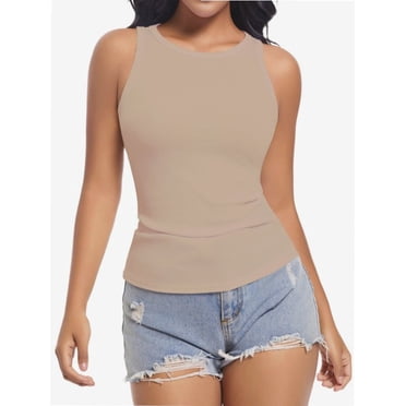 Women's Crewneck Racerback Ribbed Tank Tops Summer Basic High Neck Sleeveless Slim Fit Crop Tops