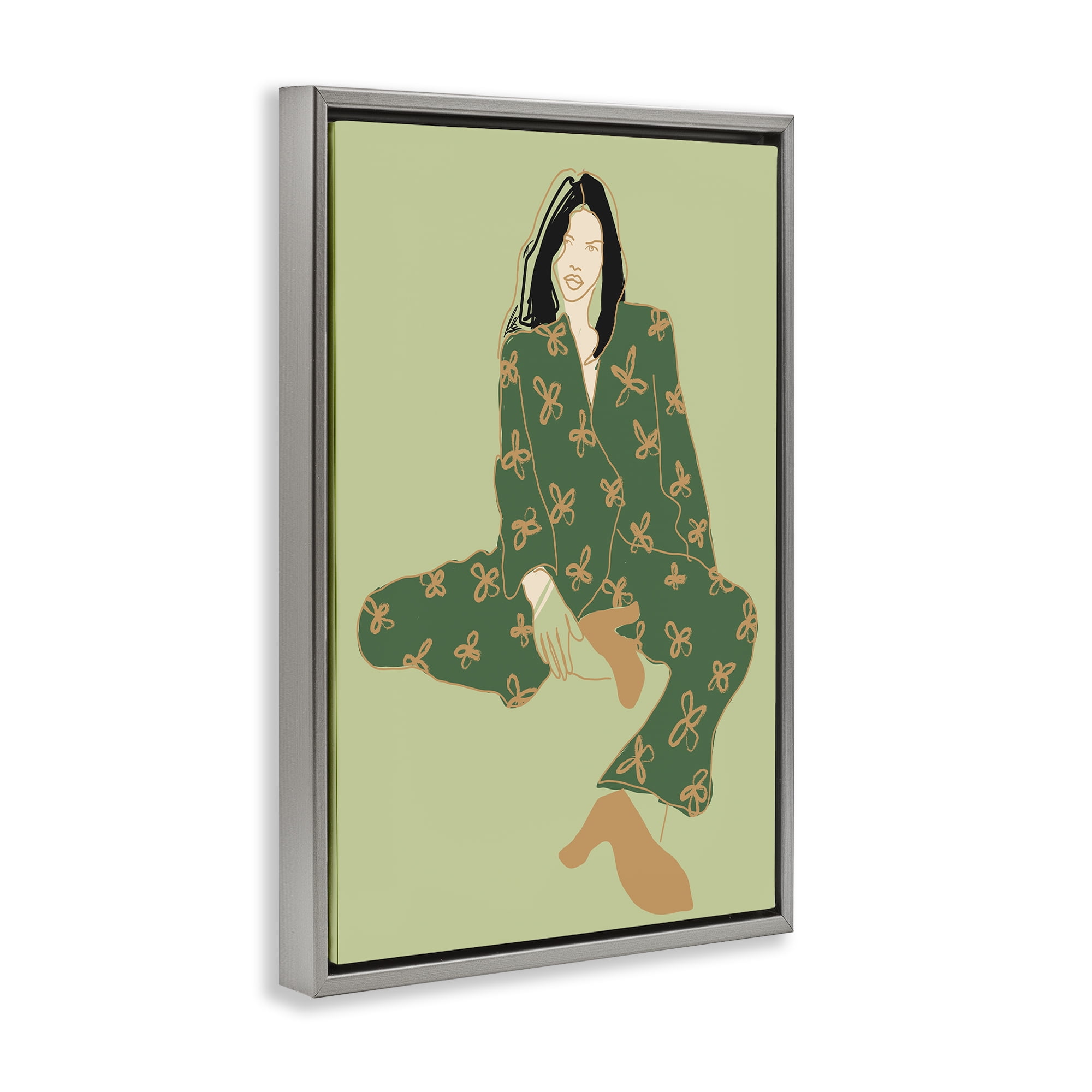 Stupell Industries Stylish Girl Sitting Novelty Painting Gray Floater Framed Art Print Wall Art, 17 x 25